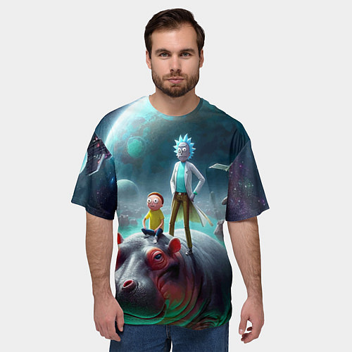 Мужская футболка оверсайз Рик и Морти сидят на бегемоте - нейроарт фантазия / 3D-принт – фото 3