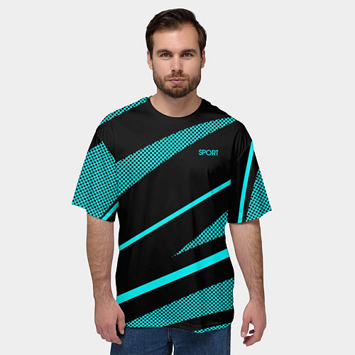 Мужская футболка оверсайз Sport чёрный и неоновый голубой абстракция с полос / 3D-принт – фото 3