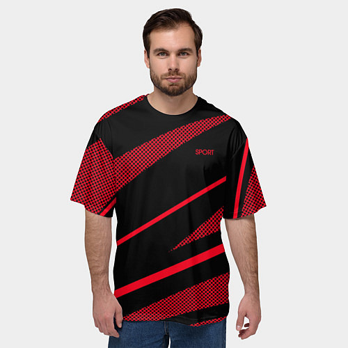 Мужская футболка оверсайз Sport чёрный и красный полосы / 3D-принт – фото 3