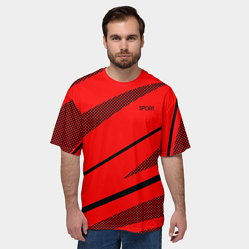 Мужская футболка оверсайз Sport красный с чёрным полосами / 3D-принт – фото 3