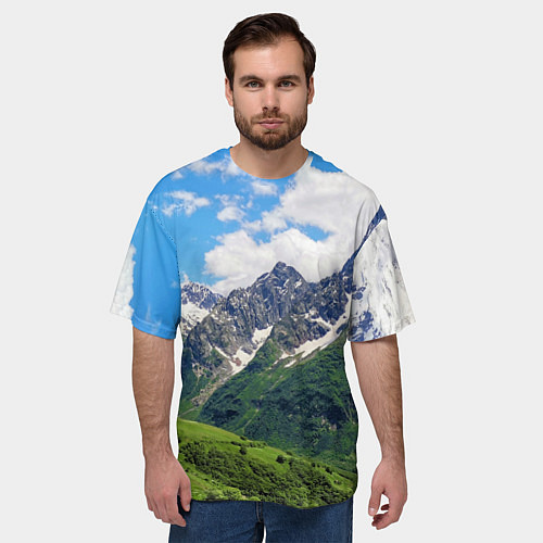 Мужская футболка оверсайз Домбай - горный пейзаж на Северном Кавказе / 3D-принт – фото 3