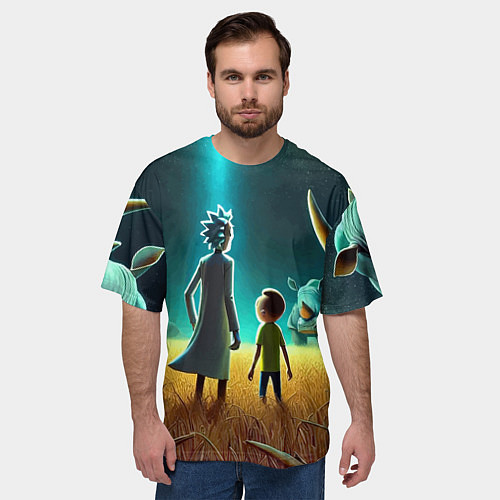 Мужская футболка оверсайз Морти и Рик на планете носорогов - неоновое свечен / 3D-принт – фото 3