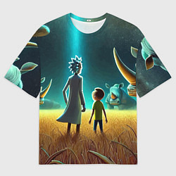 Футболка оверсайз мужская Морти и Рик на планете носорогов - неоновое свечен, цвет: 3D-принт