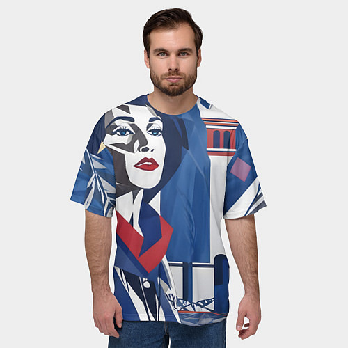 Мужская футболка оверсайз Девушка с красным шарфом / 3D-принт – фото 3