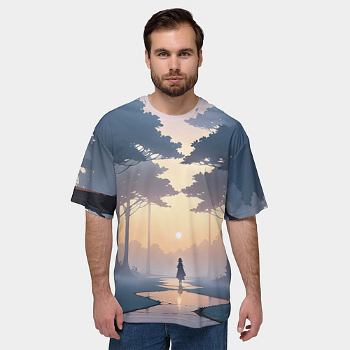 Мужская футболка оверсайз В лесу на закате / 3D-принт – фото 3
