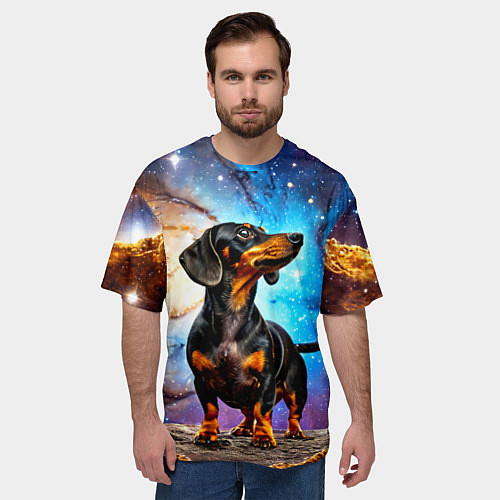 Мужская футболка оверсайз Такса в космосе / 3D-принт – фото 3