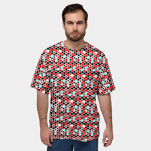 Мужская футболка оверсайз Киберпанк шестиугольники красные / 3D-принт – фото 3