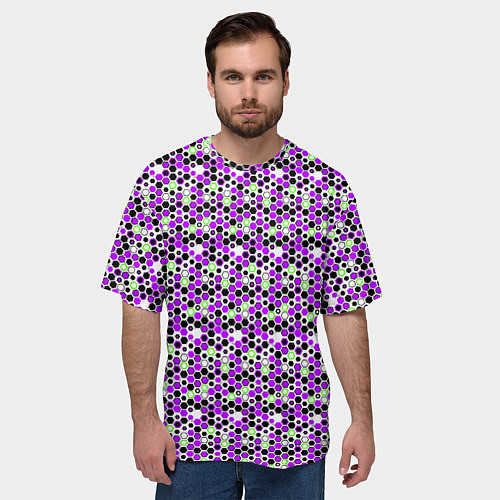 Мужская футболка оверсайз Киберпанк шестиугольники фиолетовые / 3D-принт – фото 3