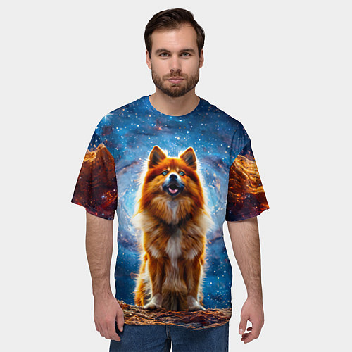 Мужская футболка оверсайз Финский лаппхунд в космосе / 3D-принт – фото 3