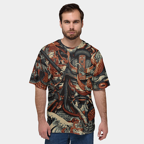 Мужская футболка оверсайз Драконы и самураи в стиле ирезуми / 3D-принт – фото 3