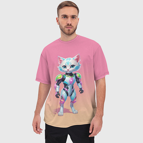 Мужская футболка оверсайз Funny kitten - cyberpunk / 3D-принт – фото 3