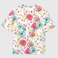 Футболка оверсайз мужская Розы красные и бирюзовые, цвет: 3D-принт