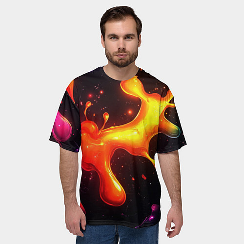 Мужская футболка оверсайз Радужные кляксы на черном фоне / 3D-принт – фото 3