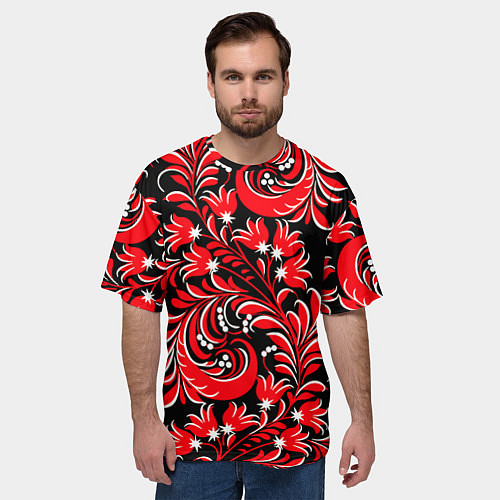 Мужская футболка оверсайз Хохлома - красная роспись / 3D-принт – фото 3