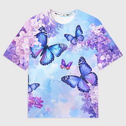 Мужская футболка оверсайз Бабочки и сирень - нежная голубая живопись
