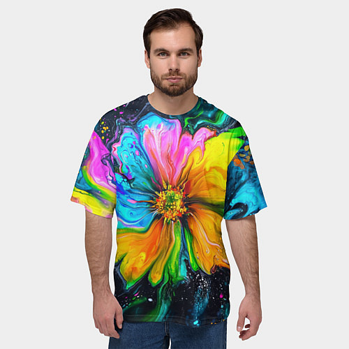 Мужская футболка оверсайз Большой цветок - яркие краски / 3D-принт – фото 3