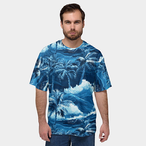 Мужская футболка оверсайз Пальмы и волны - голубые оттенки паттерн / 3D-принт – фото 3