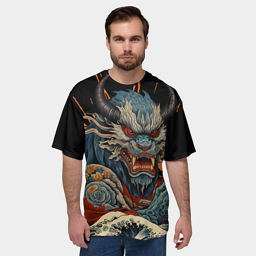 Мужская футболка оверсайз Японский дракон и волны в стиле тату ирезуми / 3D-принт – фото 3