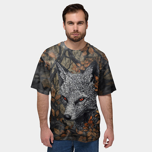 Мужская футболка оверсайз Хищный серый лис / 3D-принт – фото 3