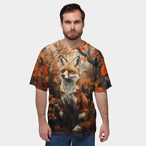 Мужская футболка оверсайз Лис в лесной чаще / 3D-принт – фото 3