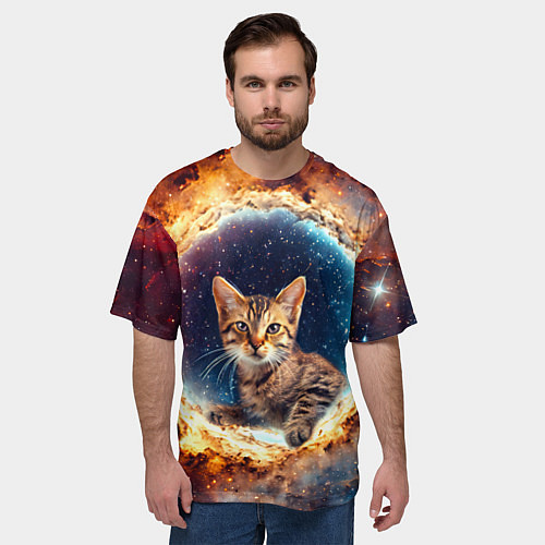 Мужская футболка оверсайз Сингапурская кошка в космосе / 3D-принт – фото 3