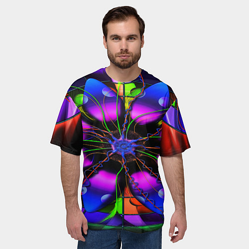Мужская футболка оверсайз Неоновая психоделика лепестки / 3D-принт – фото 3