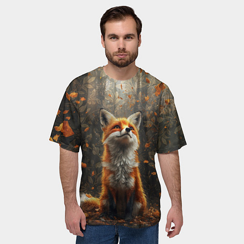 Мужская футболка оверсайз Довольный лис в лесной чаще / 3D-принт – фото 3