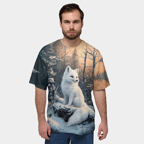 Мужская футболка оверсайз Белый лисенок в зимнем лесу / 3D-принт – фото 3