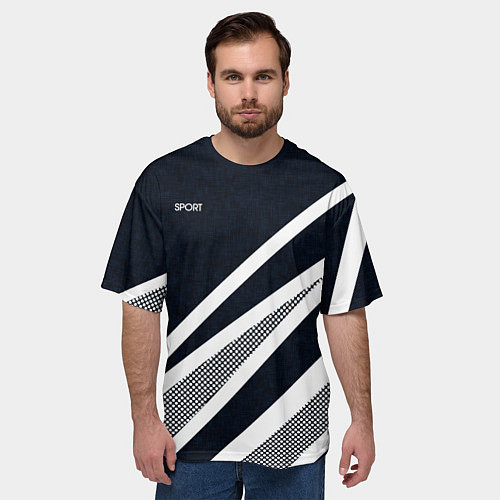 Мужская футболка оверсайз Sport тёмно-синий с полосами / 3D-принт – фото 3