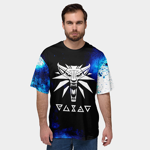 Мужская футболка оверсайз Ведьмак лого синие краски / 3D-принт – фото 3