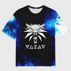 Футболка оверсайз мужская Ведьмак лого синие краски, цвет: 3D-принт