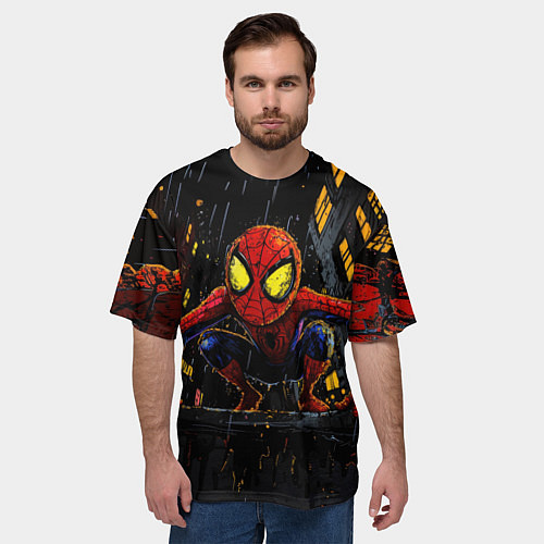 Мужская футболка оверсайз Маленький человек-паук с желтыми глазами / 3D-принт – фото 3