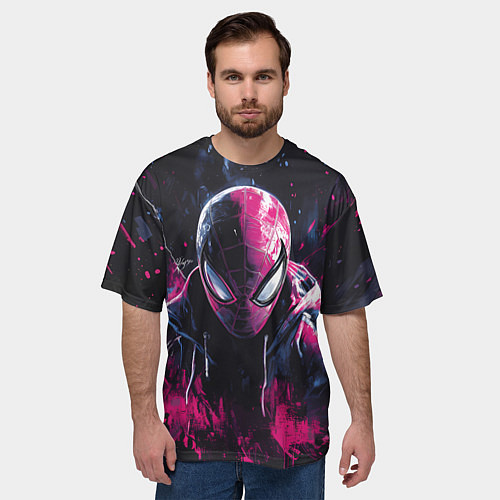 Мужская футболка оверсайз Человек-паук и розовая краска / 3D-принт – фото 3