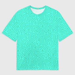 Футболка оверсайз мужская Лабиринтовый паттерн с иероглифами на бирюзе, цвет: 3D-принт