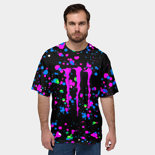 Мужская футболка оверсайз Monster energy неоновые краски / 3D-принт – фото 3