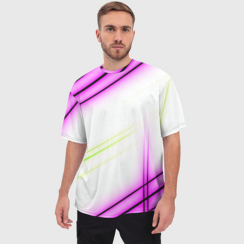Мужская футболка оверсайз Green white pink line / 3D-принт – фото 3
