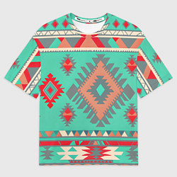 Мужская футболка оверсайз Оранжево бирюзовый геометрический узор в стиле ацт