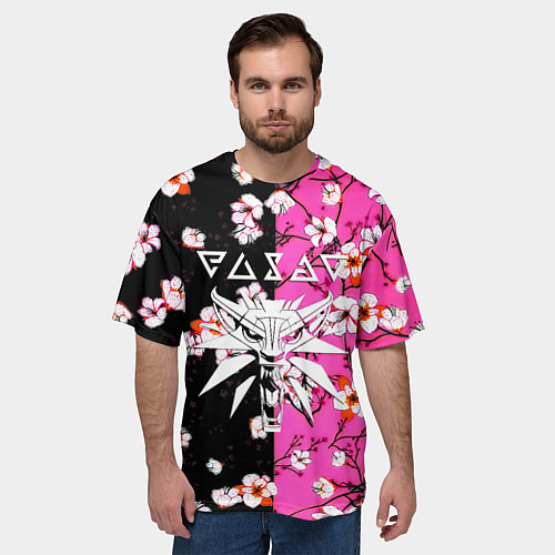 Мужская футболка оверсайз Ведьмак паттерн сакура / 3D-принт – фото 3