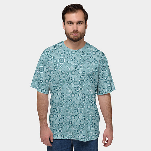 Мужская футболка оверсайз Бирюзовый деревенский узор ретро / 3D-принт – фото 3