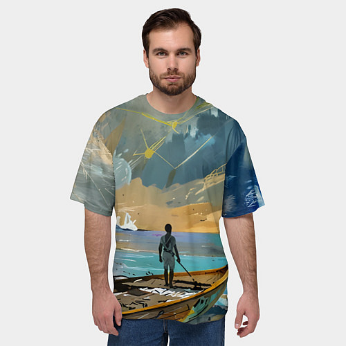Мужская футболка оверсайз Мальчик и лодка / 3D-принт – фото 3