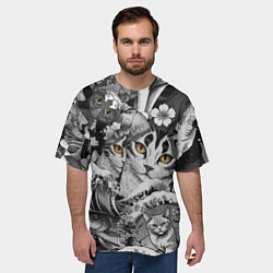 Футболка оверсайз мужская С котами и рыбой на фоне сакуры в волнах, цвет: 3D-принт — фото 2
