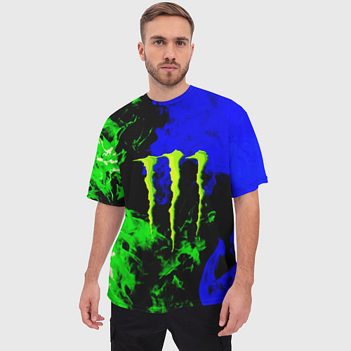 Мужская футболка оверсайз Monster energy кислотный огонь / 3D-принт – фото 3
