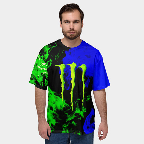Мужская футболка оверсайз Monster energy кислотный огонь / 3D-принт – фото 3