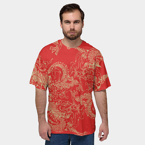 Мужская футболка оверсайз Золотые драконы на красном / 3D-принт – фото 3