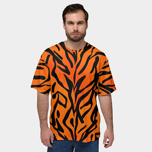 Мужская футболка оверсайз Тигровый огненный паттерн / 3D-принт – фото 3