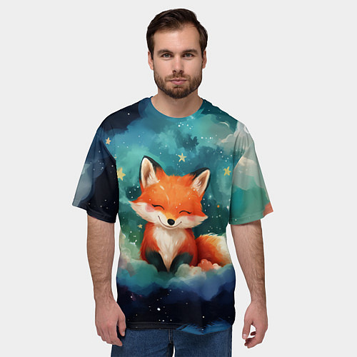 Мужская футболка оверсайз Лисенок на облаках / 3D-принт – фото 3