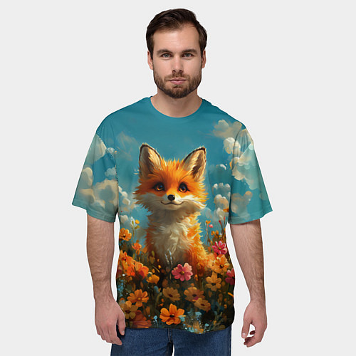 Мужская футболка оверсайз Лисица в цветочном поле / 3D-принт – фото 3