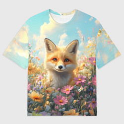 Футболка оверсайз мужская Лиса в цветочном поле, цвет: 3D-принт