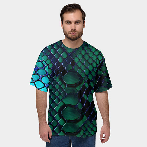 Мужская футболка оверсайз Бирюзовая змеиная кожа / 3D-принт – фото 3
