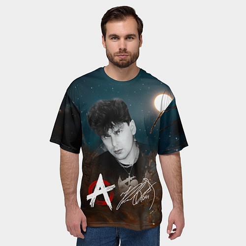 Мужская футболка оверсайз Юрий Хой на фоне луны / 3D-принт – фото 3
